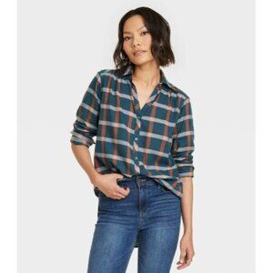 Knox Rose Women's Long Sleeve Button-Down Tunic Shirt Navy Blue Plaid Medium